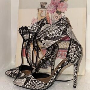 Anne Michelle Snakeskin Lace-Up Heels